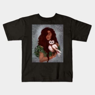 Young Dark Hair Fairy Witch in Belladonna Dress Holding Barn Owl With Gold Tulip Leash Kids T-Shirt